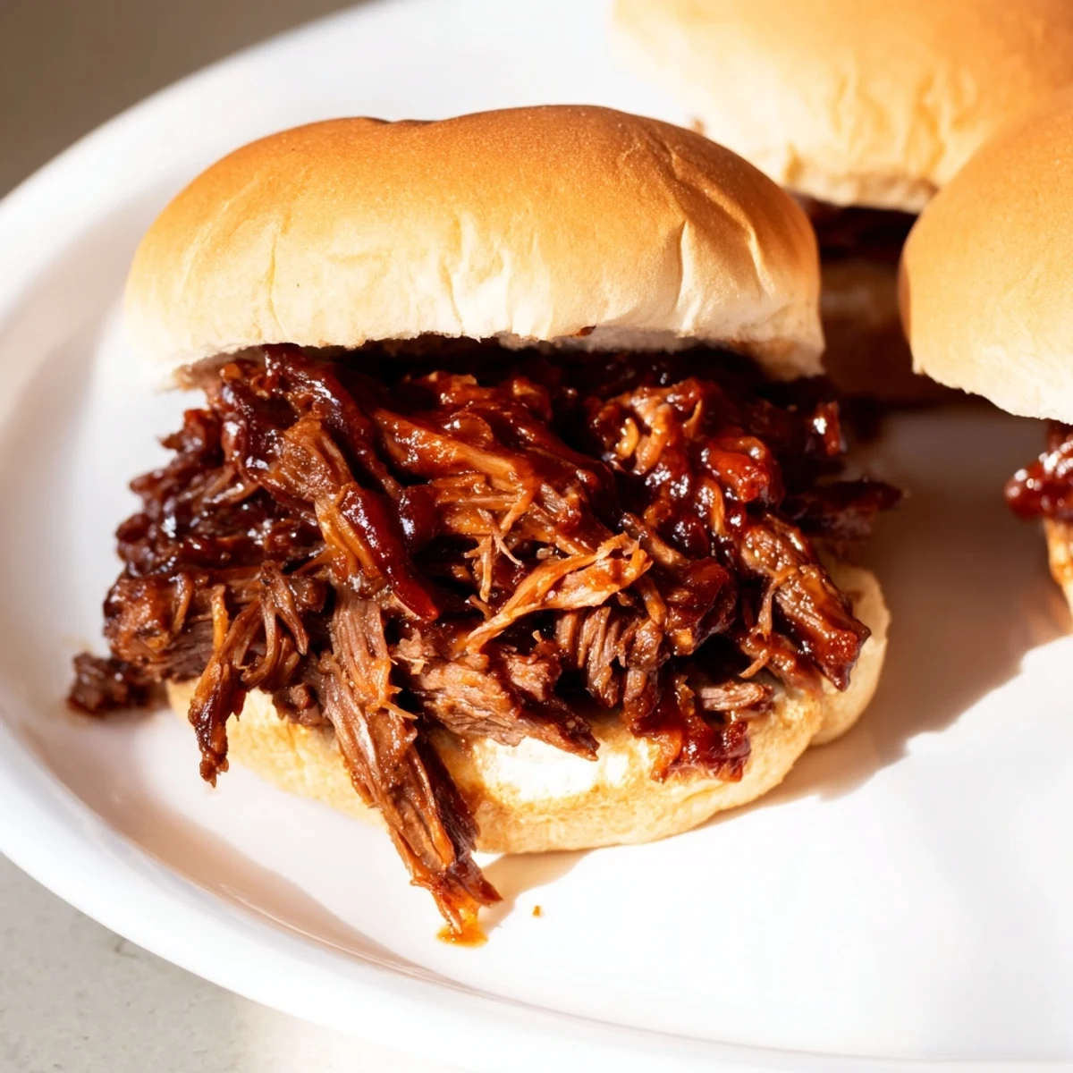A close-up of tender Slow Cooker Pulled Beef Sandwiches, piled high on toasted buns with a flavorful aroma.