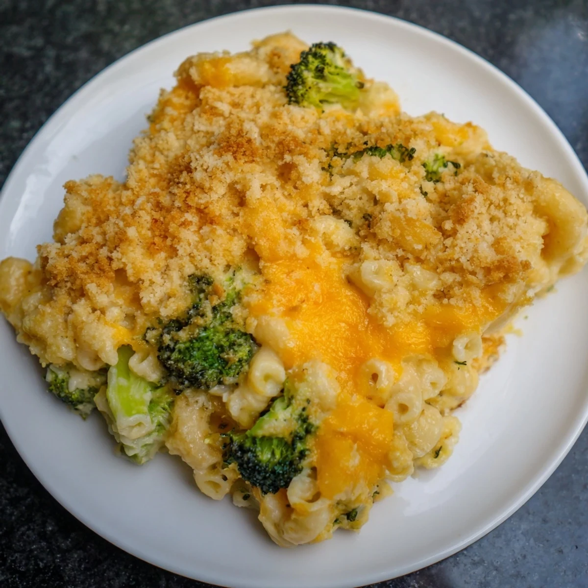 This warm photo presents a baked Macaroni and Cheese with Broccoli, creamy cheeses and crispy breadcrumb topping.