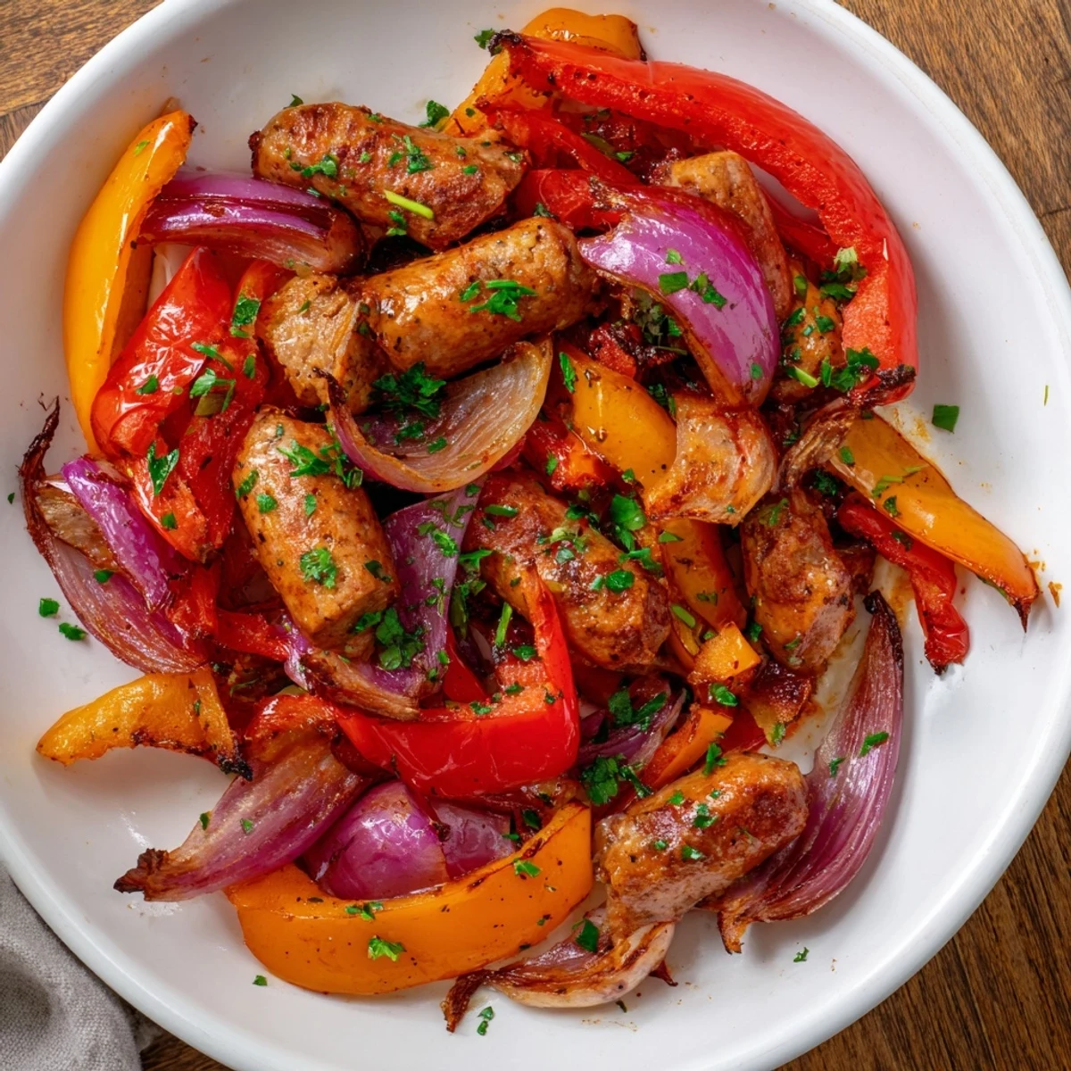 Sheet Pan Sausage and Peppers, a colorful, sizzling dish with roasted halal sausage and vibrant bell peppers.