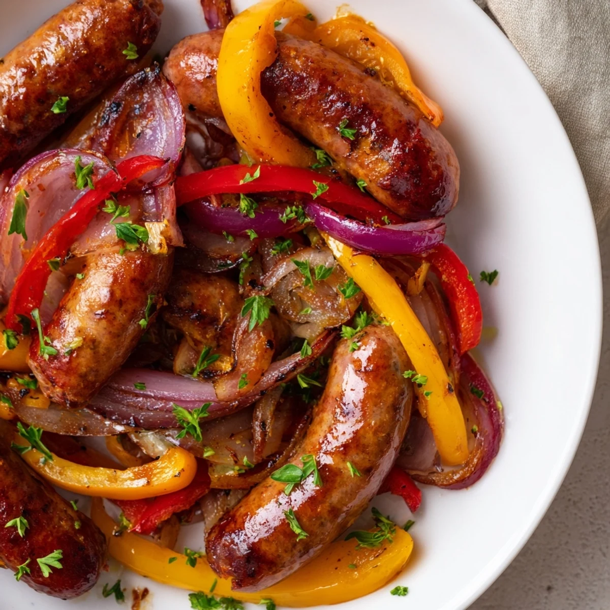 Golden-brown Sheet Pan Sausage and Peppers, aromatic with spices, ready to serve over warm rolls.