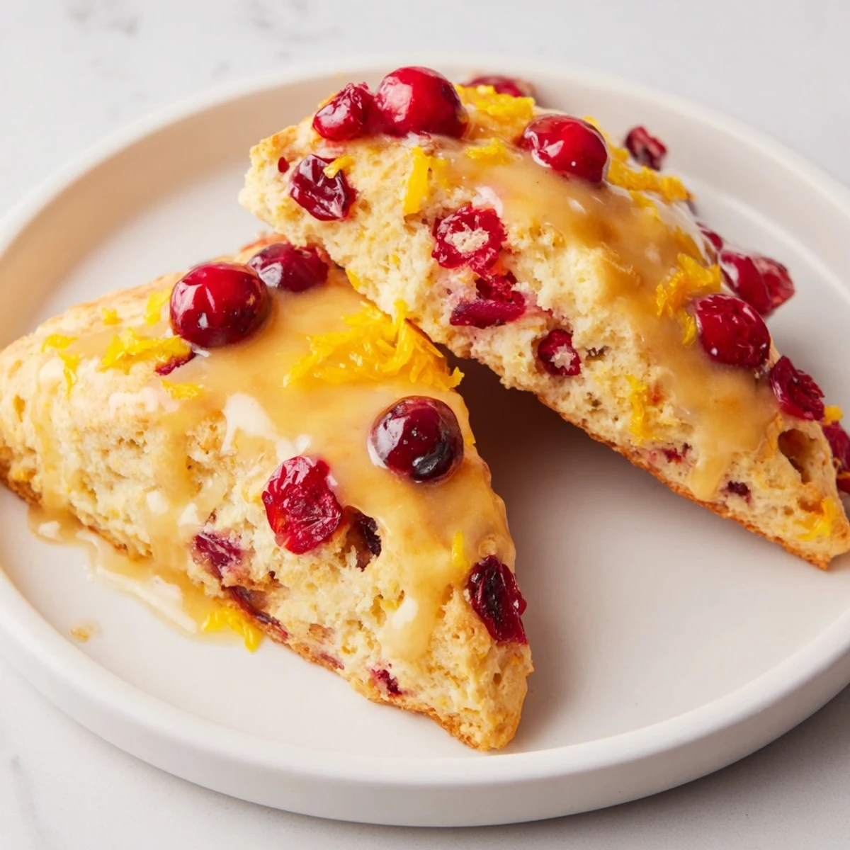 Freshly baked cranberry orange scones, smelling of orange zest and ready for a comforting bite.