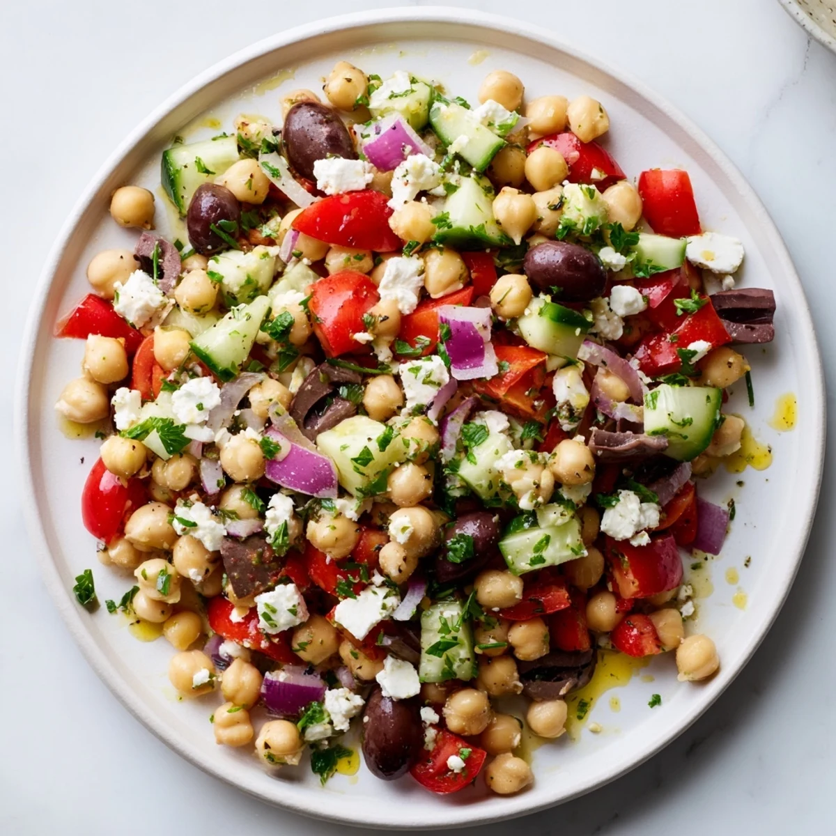 Mediterranean Chickpea Salad with feta cheese, bursting with fresh veggies and a bright lemon dressing.