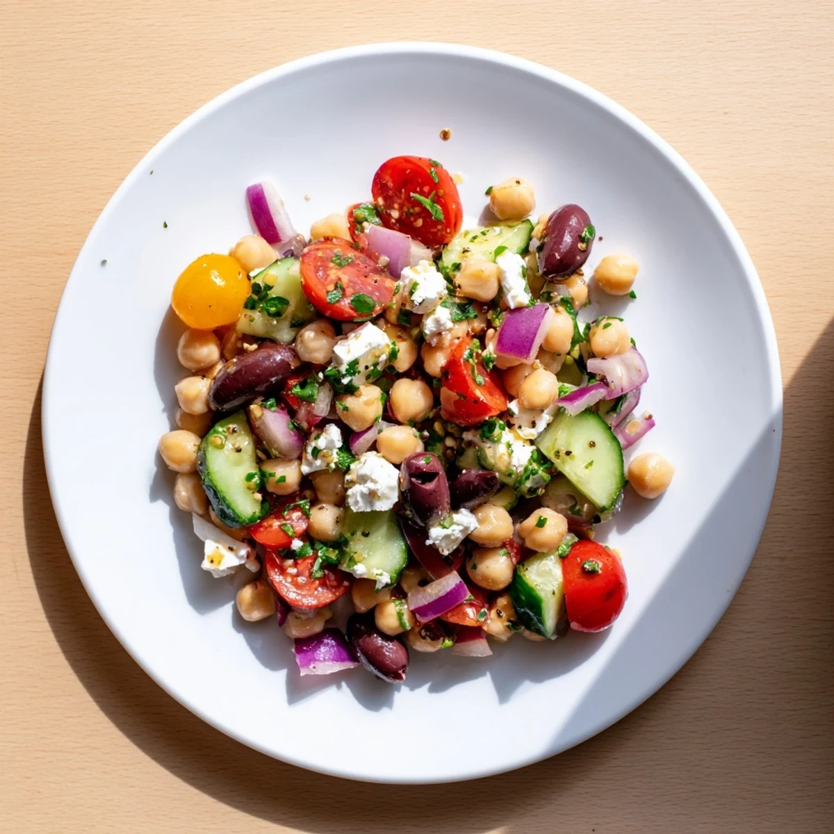 Close-up of a flavorful Mediterranean Chickpea Salad with feta, olives, and herbs, ready to enjoy.