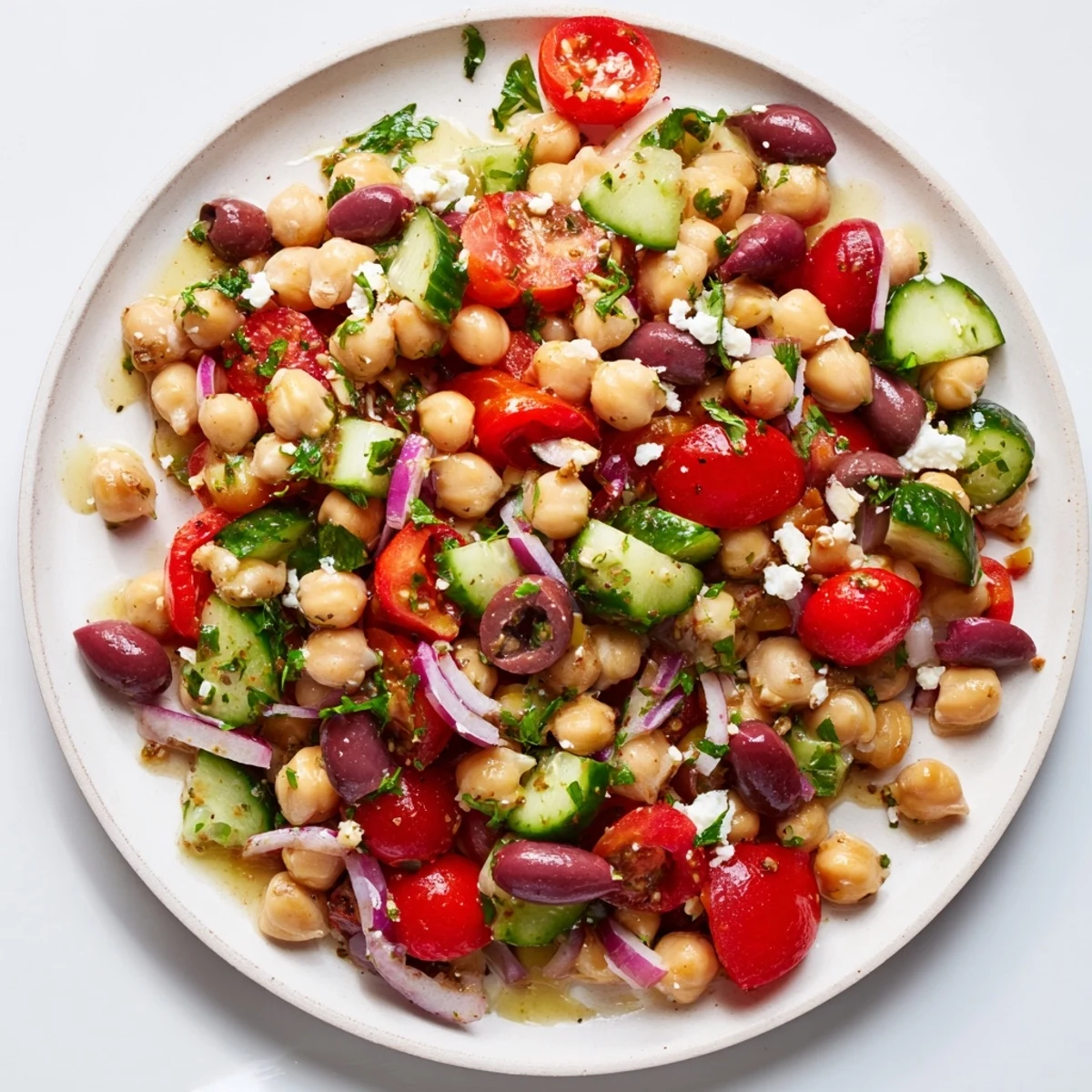 A colorful Mediterranean Chickpea Salad, showcasing vibrant chickpeas, served as a refreshing side dish.