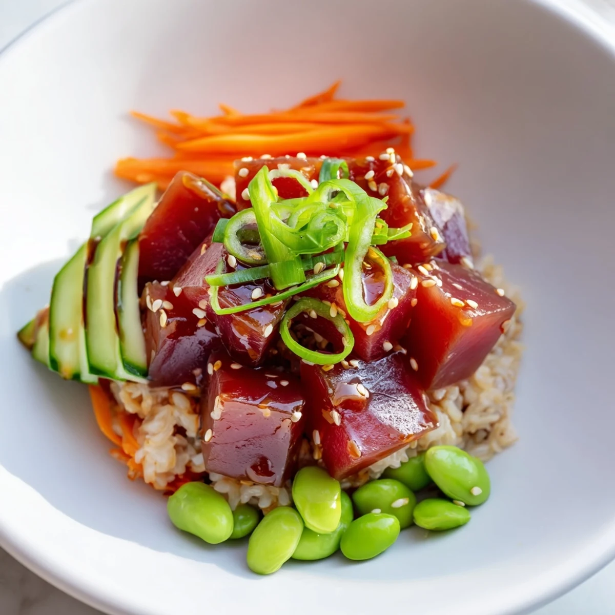 Marinated tuna cubes topping a Spicy Tuna Poke Bowl, featuring avocado, carrots, and nori.