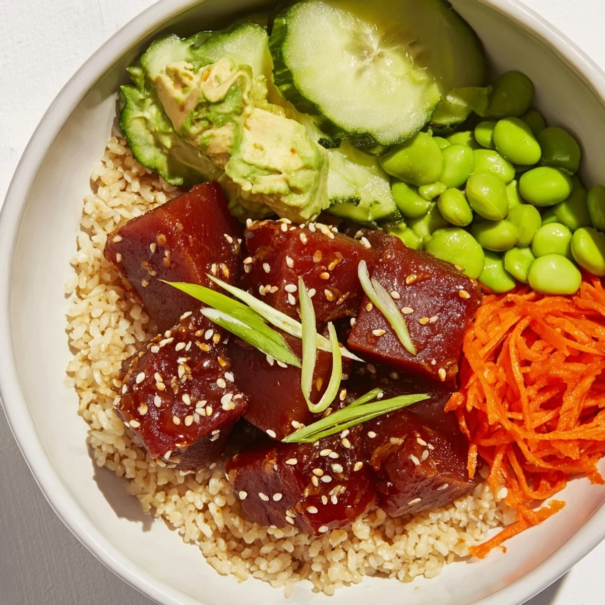 Close-up of a flavorful Spicy Tuna Poke Bowl, vibrant with sesame seeds and a spicy marinade.