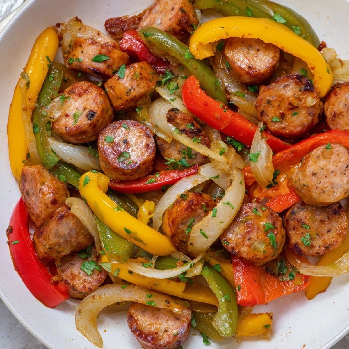 Enjoy this hearty Turkey Sausage and Pepper Skillet; its vibrant flavors are perfectly seasoned and ready.
