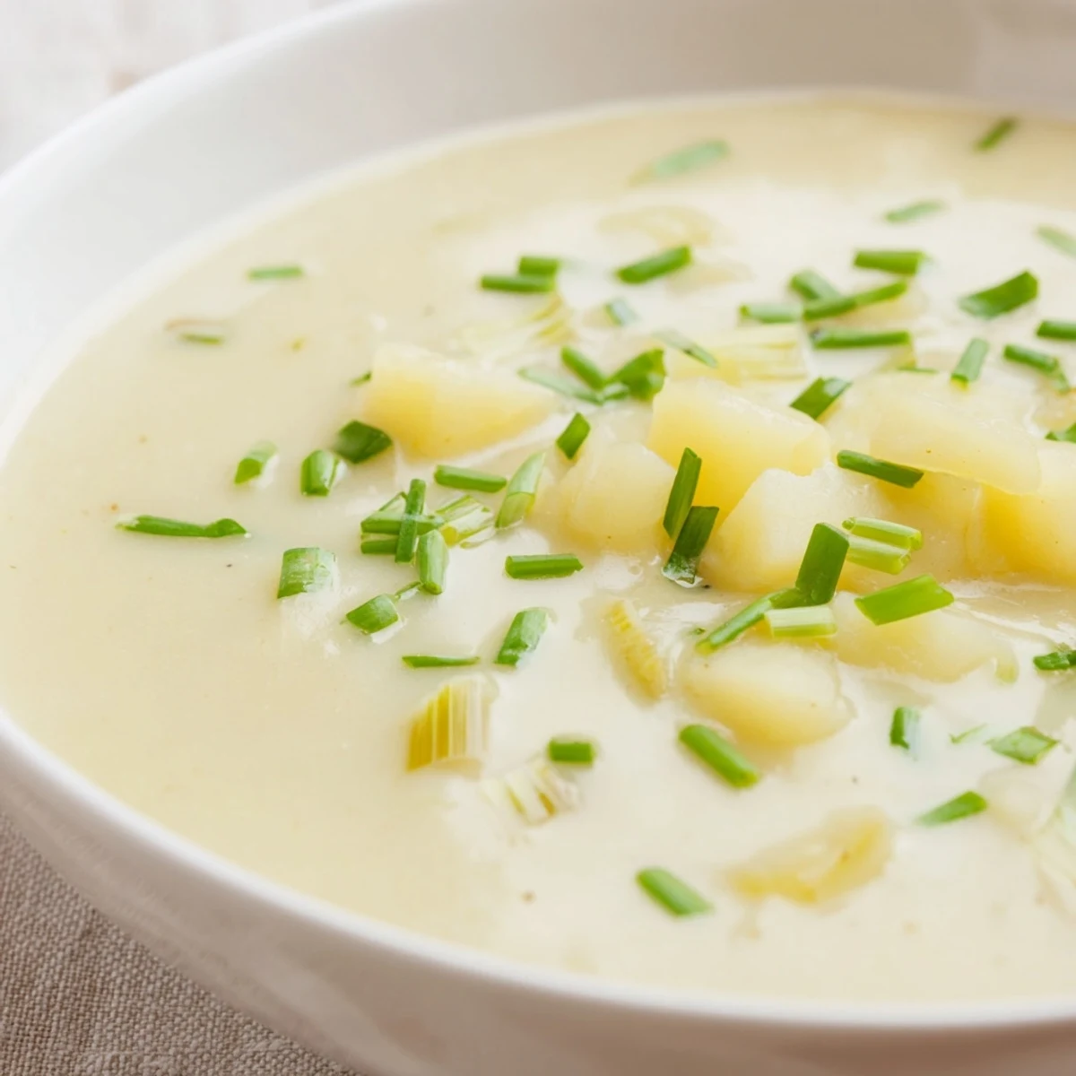 Creamy potato and leek soup swirled in a white bowl, garnished with fresh chives, ready to eat.