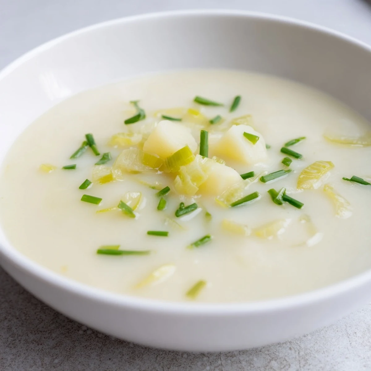 Thick and velvety creamy potato and leek soup, inviting and perfect with crusty bread.