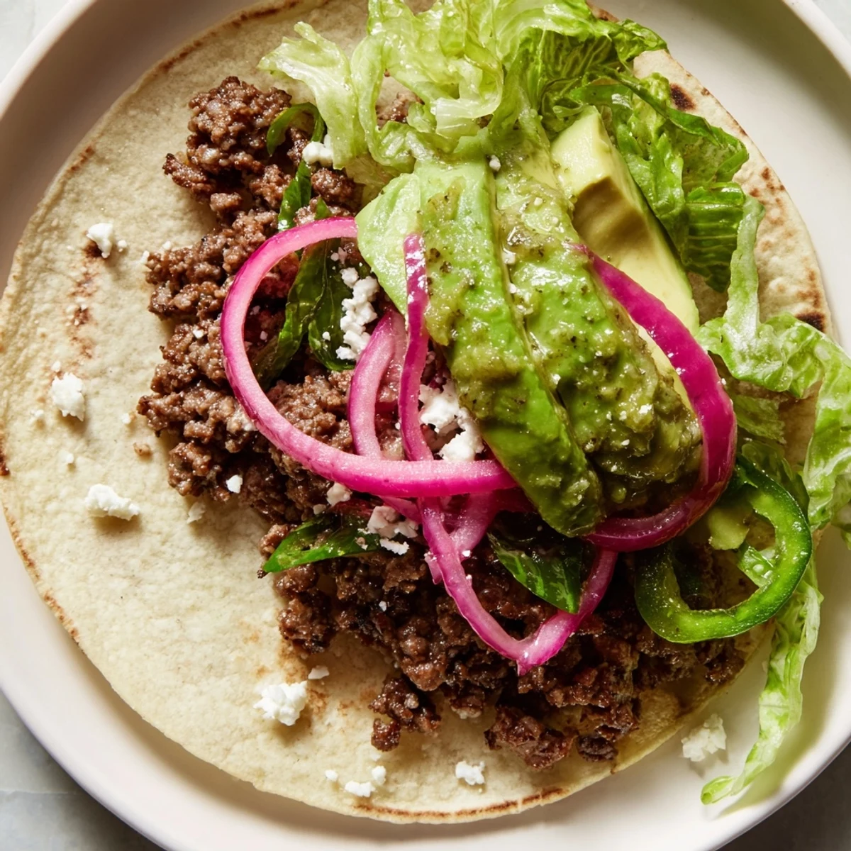 Sizzling beef tacos with vibrant salsa verde, red onion, creamy avocado, and crumbled cheese; ready to eat.