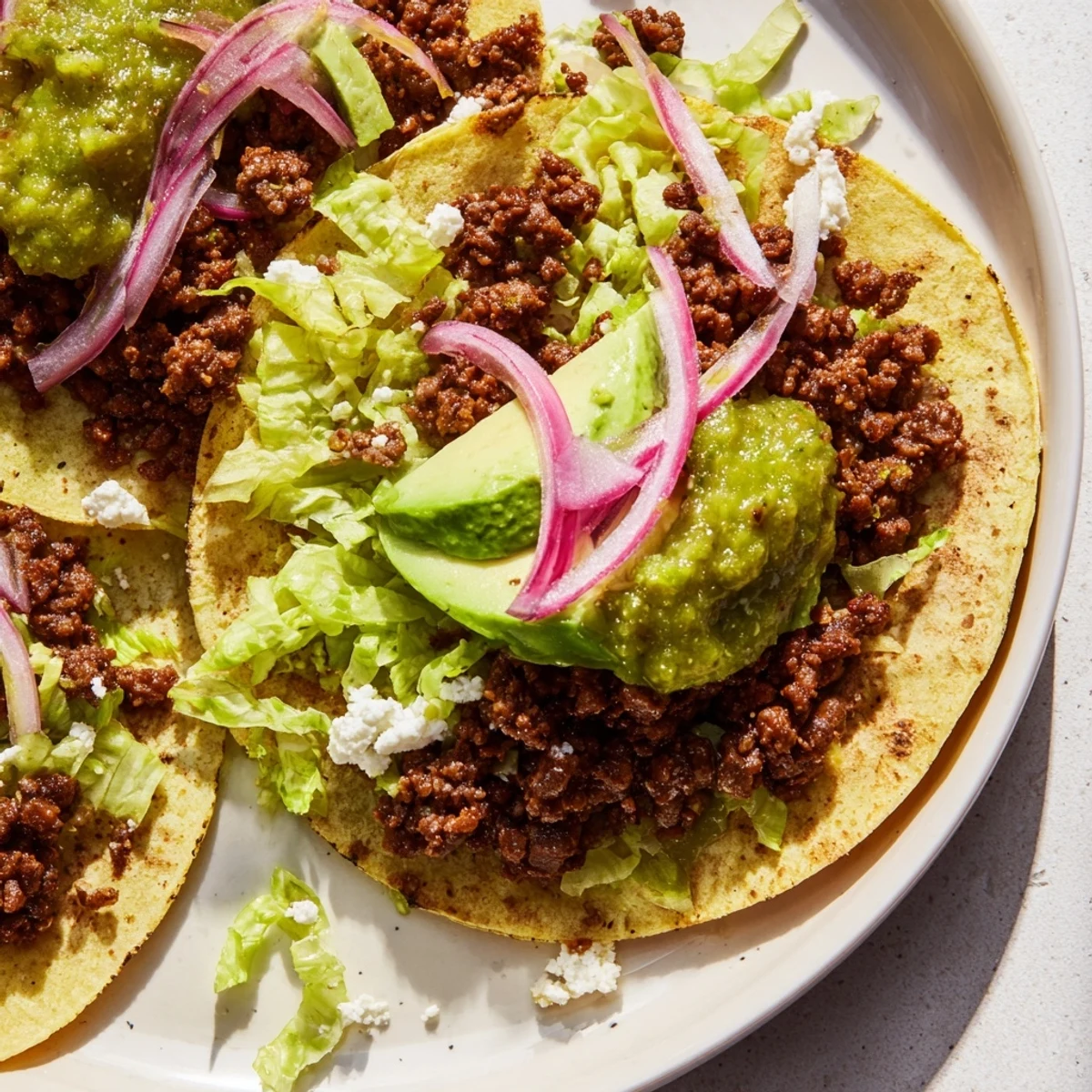 These savory beef tacos, bursting with filling, topped with a flavorful salsa verde, offer a delightful meal.