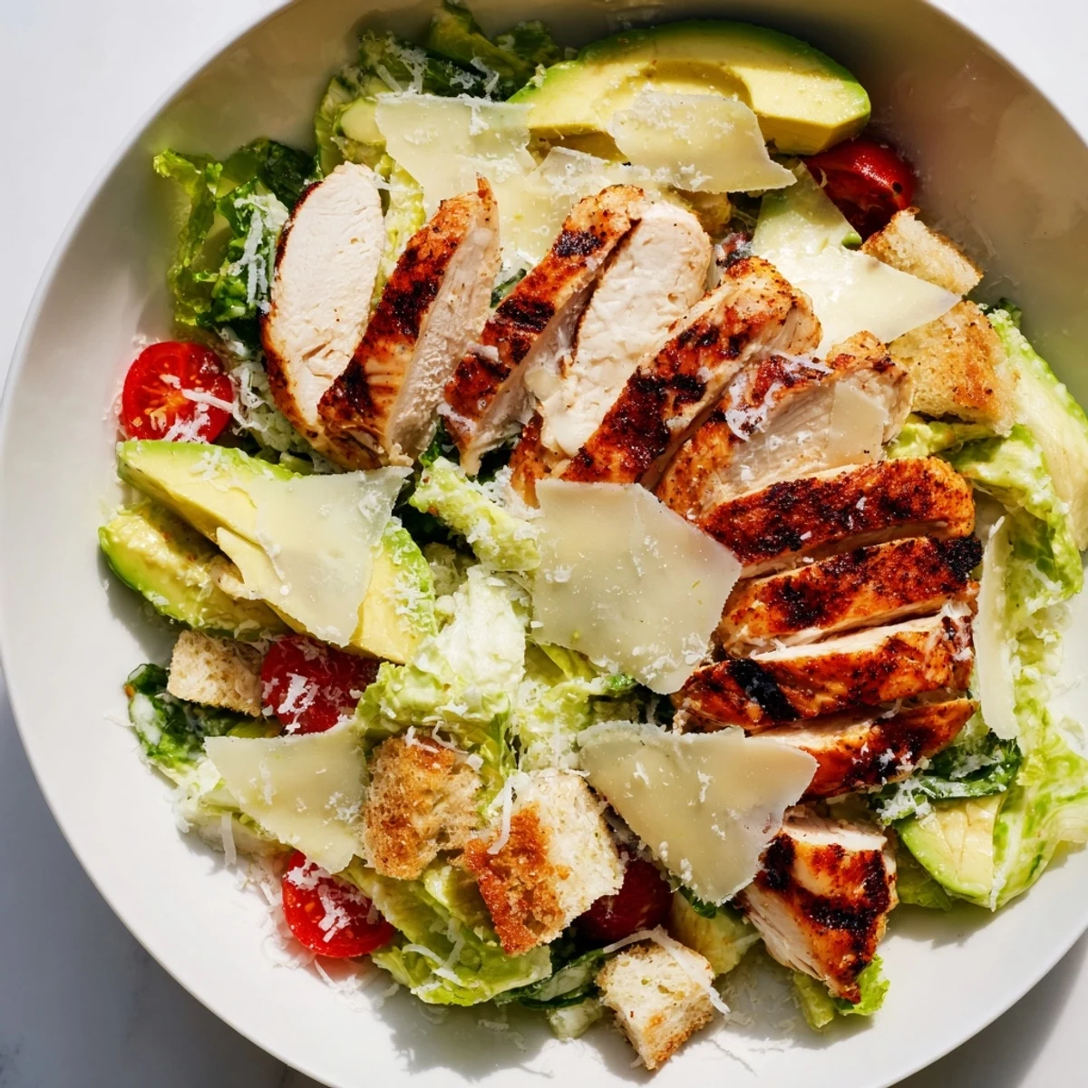 Grilled chicken and creamy avocado slices top this delicious Chicken Caesar Salad.