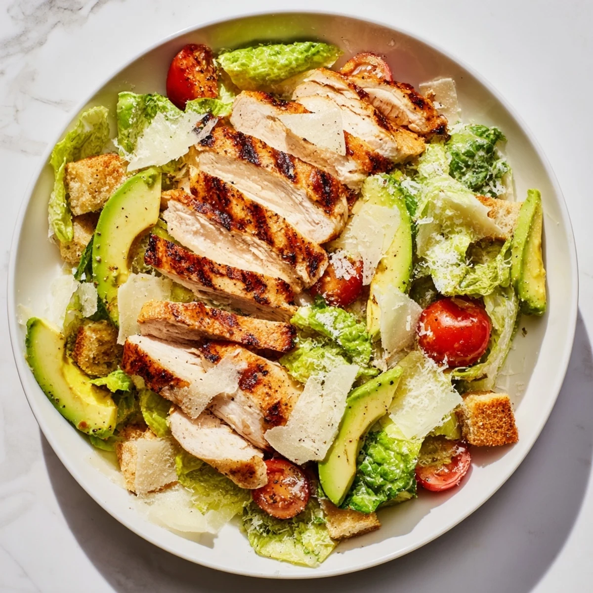Fresh, vibrant Chicken Caesar Salad with ripe avocado showcases the bright colors and textures.