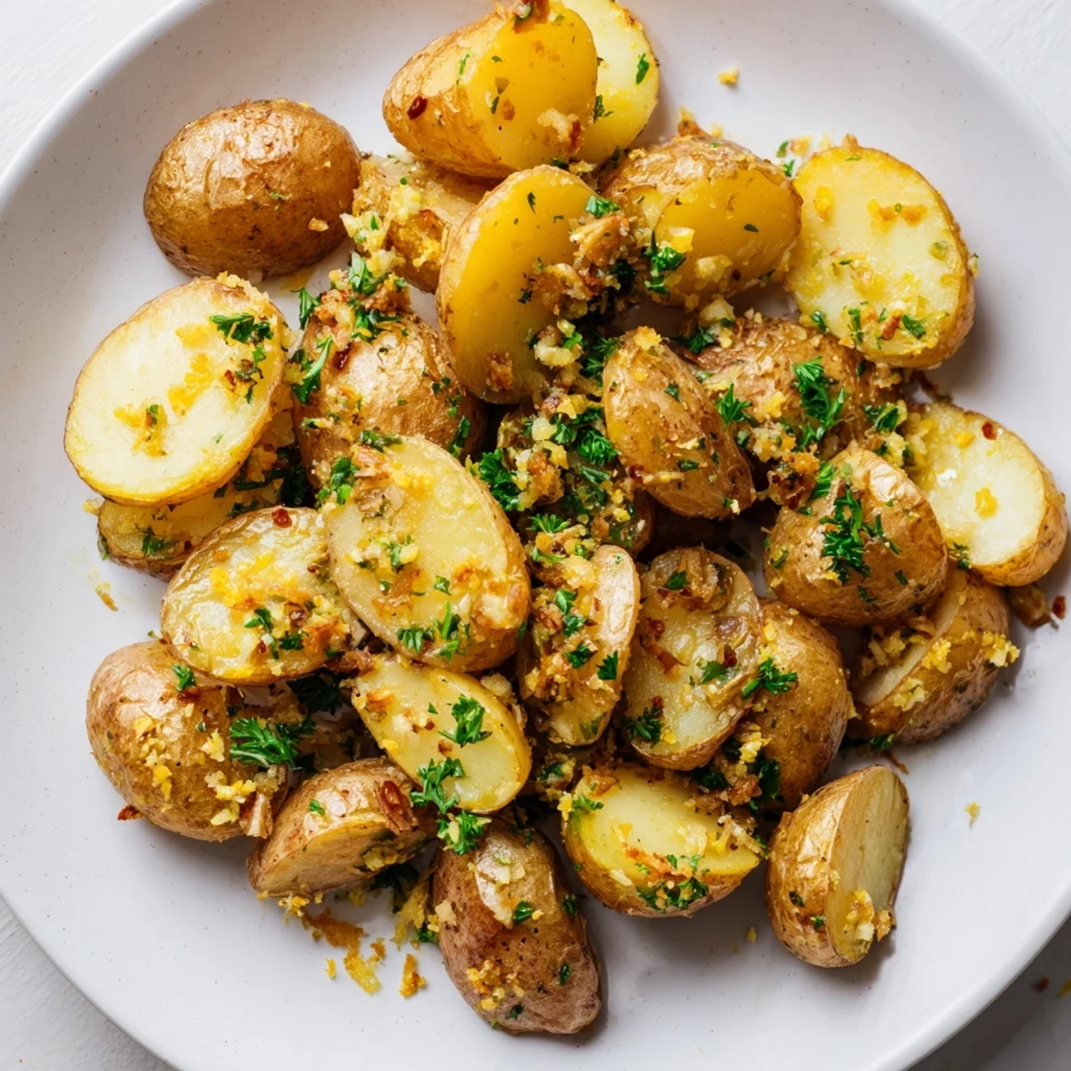 Golden-brown Lemon Garlic Roasted Potatoes, a flavorful side dish with crispy edges and tender insides.