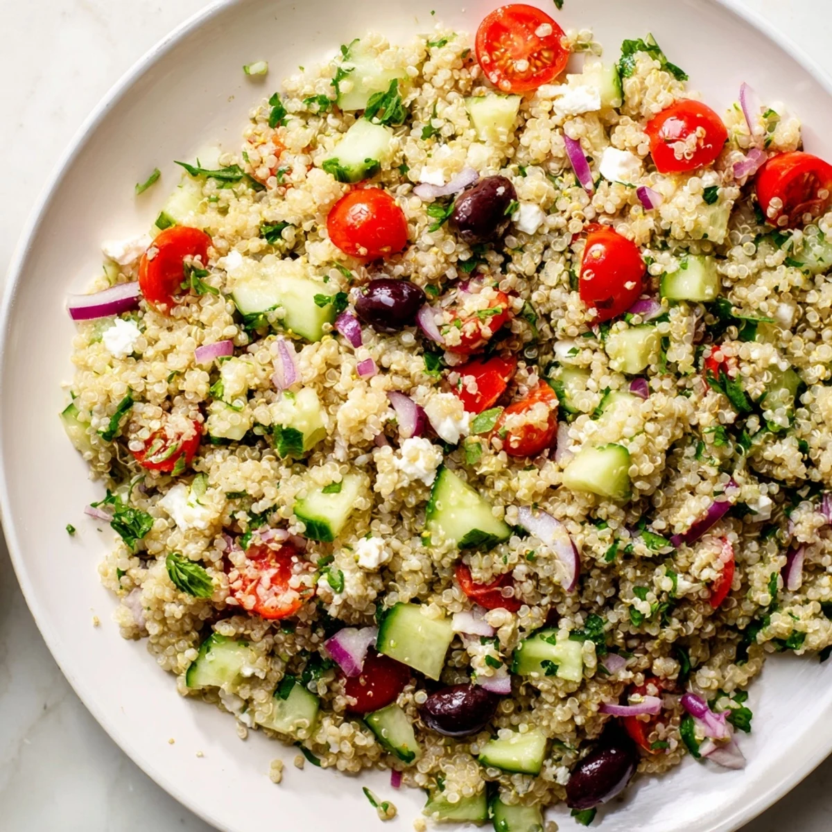 Fluffy quinoa and colorful vegetables in Mediterranean Quinoa Salad, drizzled with zesty lemon dressing.