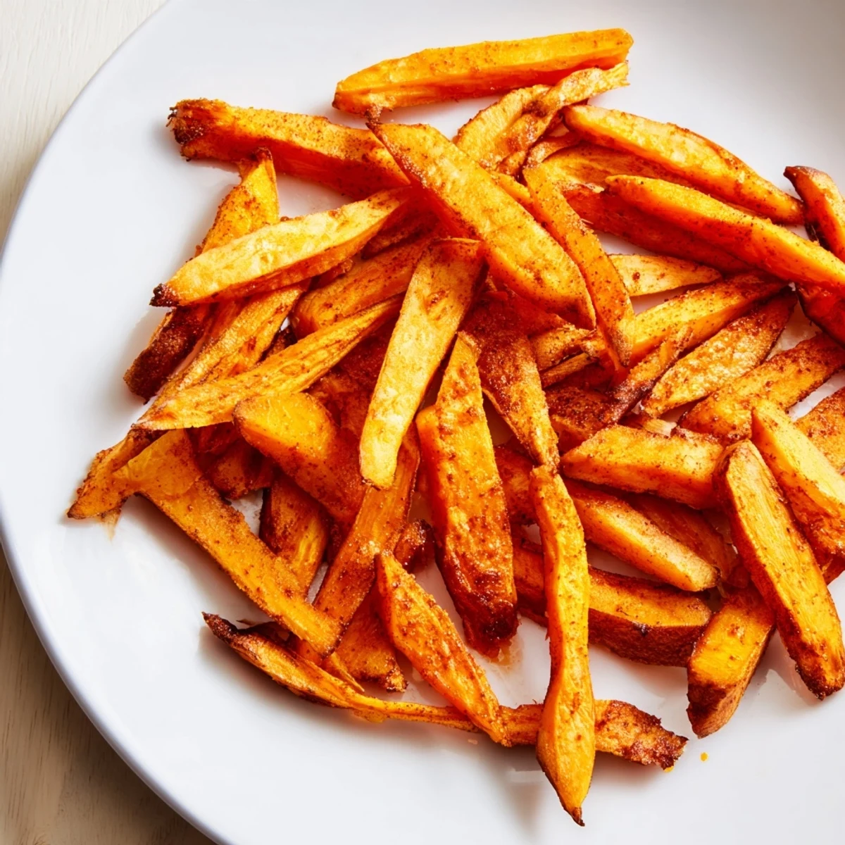 Homemade crispy baked sweet potato fries, seasoned with smoky paprika, perfect next to a burger.