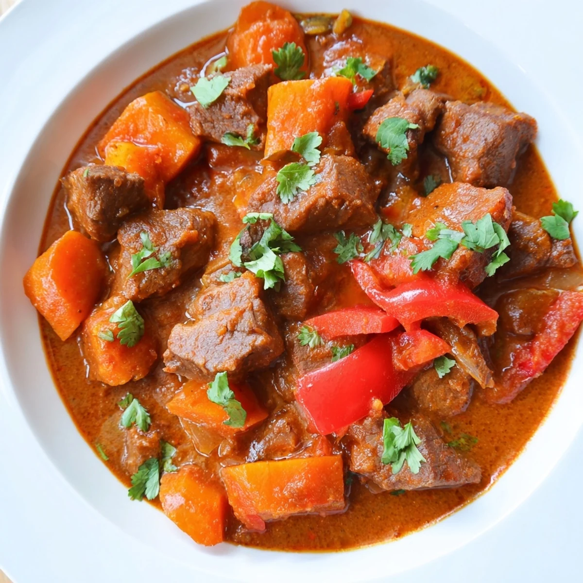 Close-up shot shows a bubbling slow cooker beef curry, brimming with vegetables and spices.