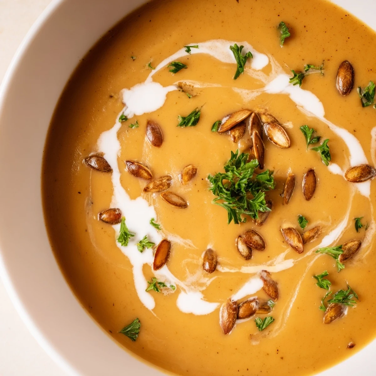 Golden, creamy Roasted Butternut Squash Soup in a bowl, perfect for a cozy autumn dinner.