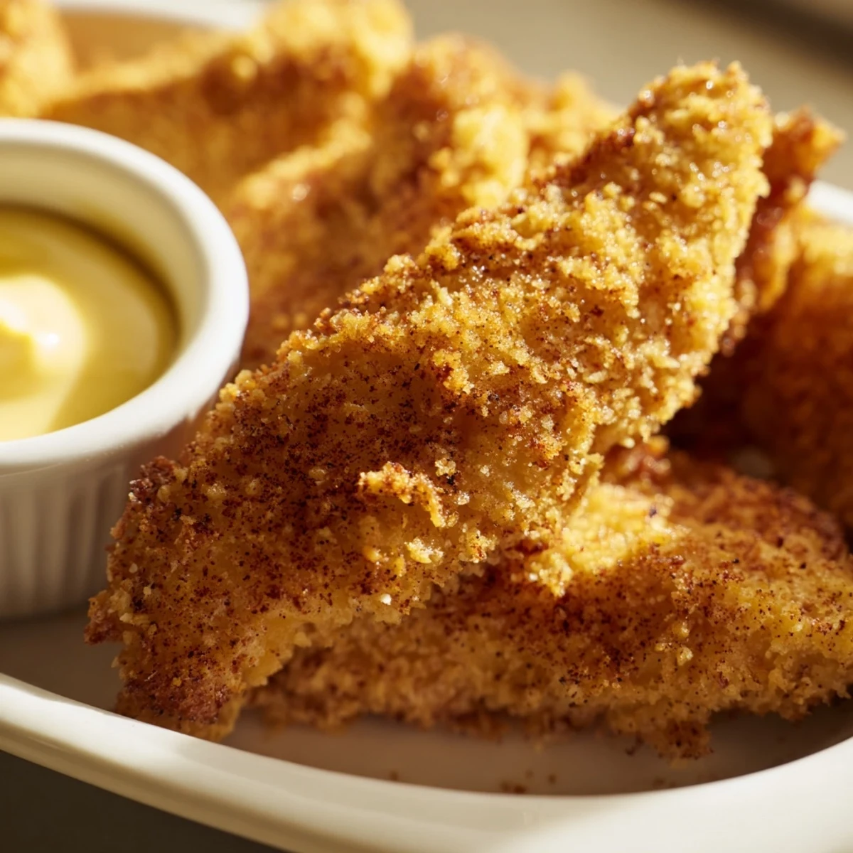 Golden brown Crispy Baked Chicken Tenders with Honey Mustard piled high on a white plate, ready to eat.