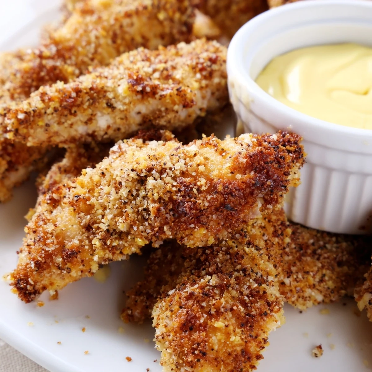 Homemade Crispy Baked Chicken Tenders with Honey Mustard served with golden fries and a fresh green salad.