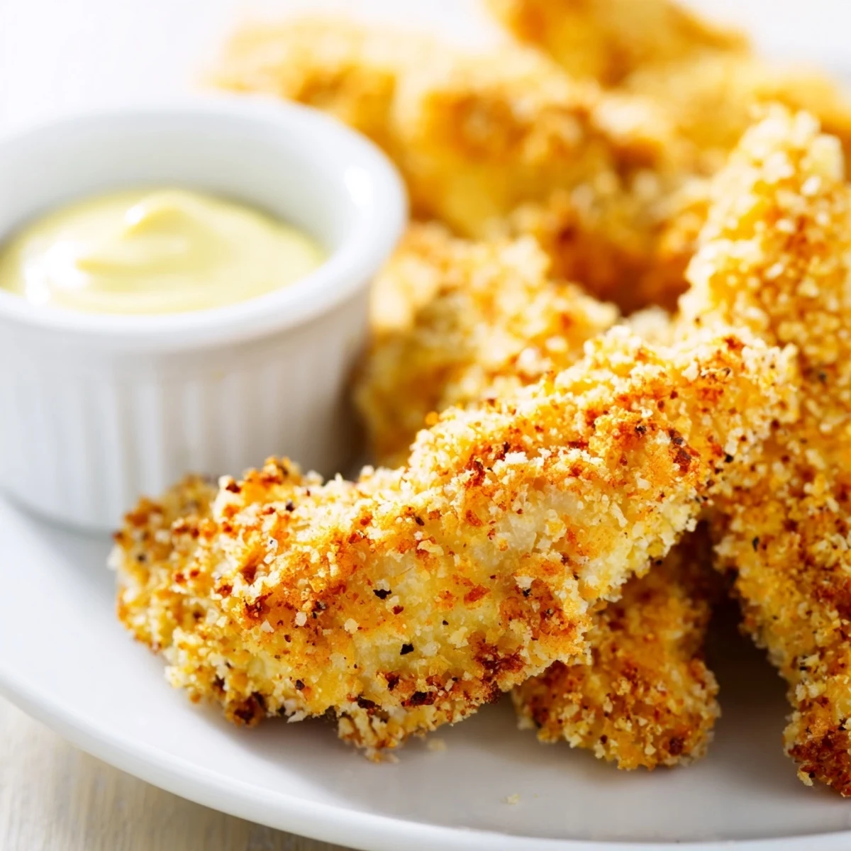 Close-up view of Crispy Baked Chicken Tenders with Honey Mustard showing the crunchy panko crust and juicy interior.