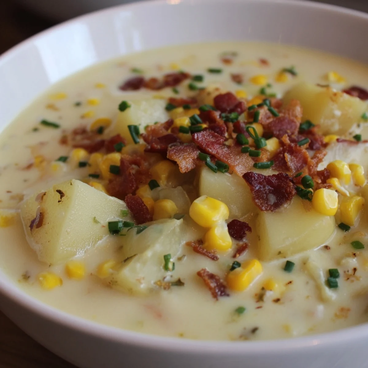 Creamy Corn Chowder with Turkey Bacon Bits served steaming hot in a rustic bowl topped with crisp bacon bits and fresh chives.