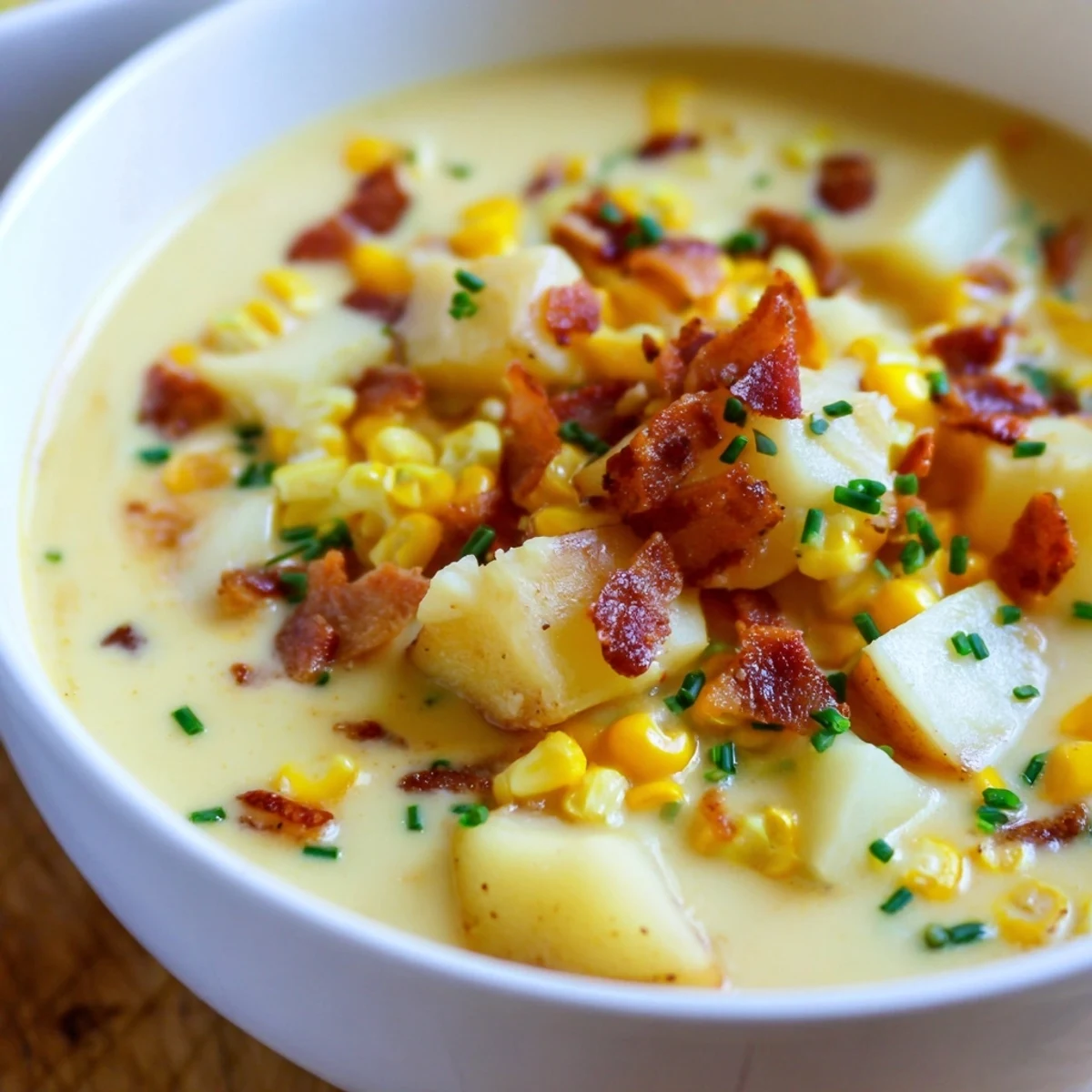 Close-up of Creamy Corn Chowder with Turkey Bacon Bits revealing velvety broth, tender potatoes, and golden corn kernels in a white ceramic bowl.
