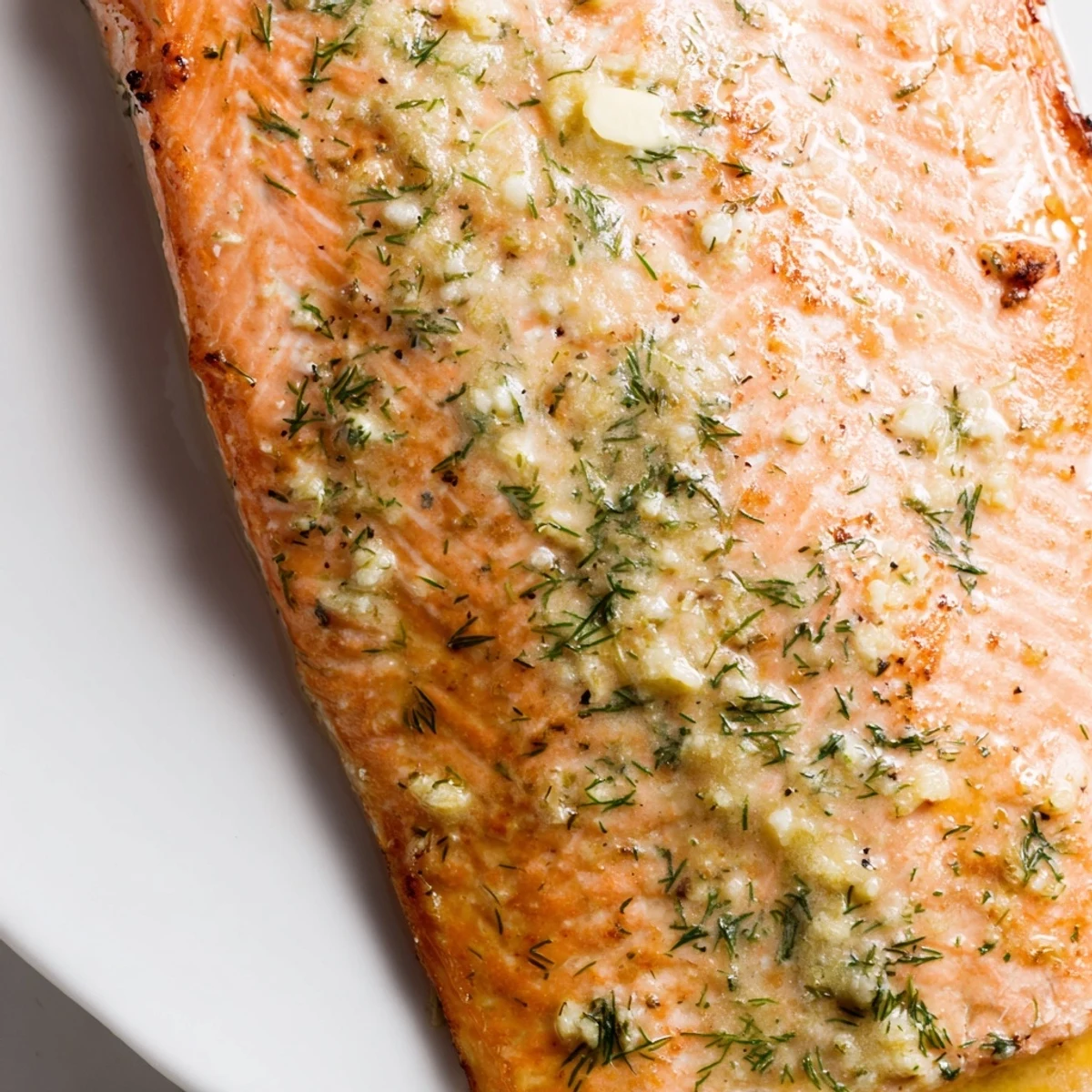 Dinner plated Baked Salmon with Dill and Lemon Butter Sauce next to a glass of white wine.