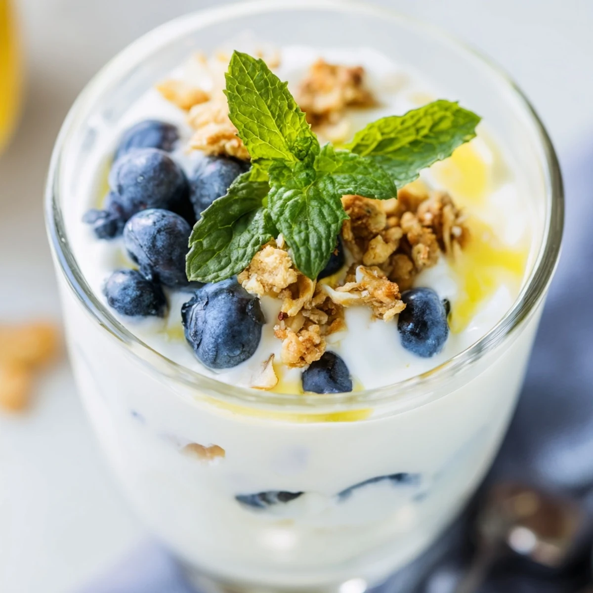 Fresh Lemon Blueberry Yogurt Parfait with Granola layered in a clear glass, showing creamy yogurt and bright berries.