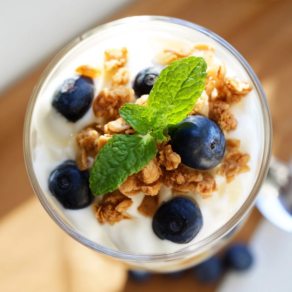 A single serving of Lemon Blueberry Yogurt Parfait with Granola topped with mint, ready for a healthy breakfast.