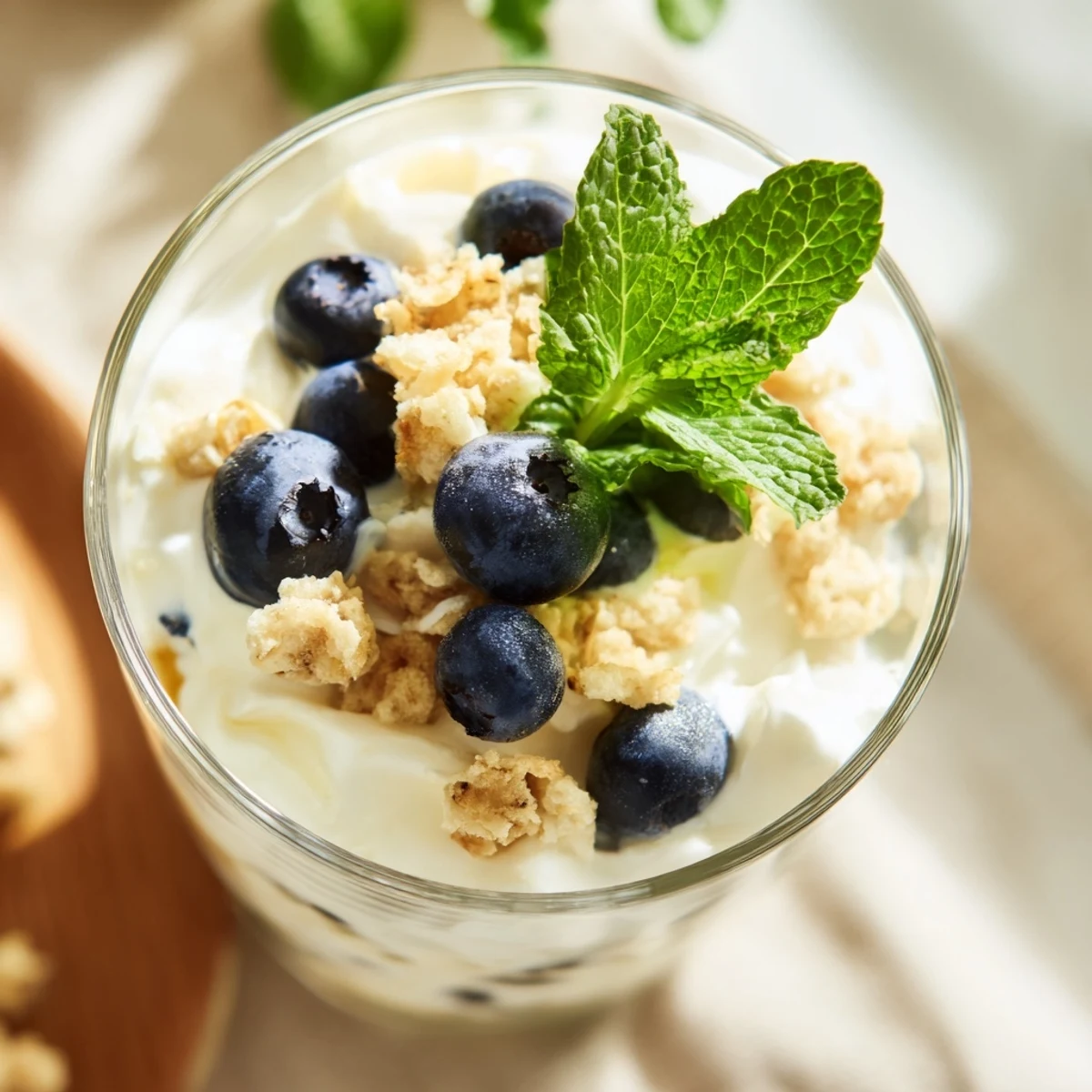 Close up on Lemon Blueberry Yogurt Parfait with Granola, highlighting crunchy clusters and juicy blueberries in a jar.