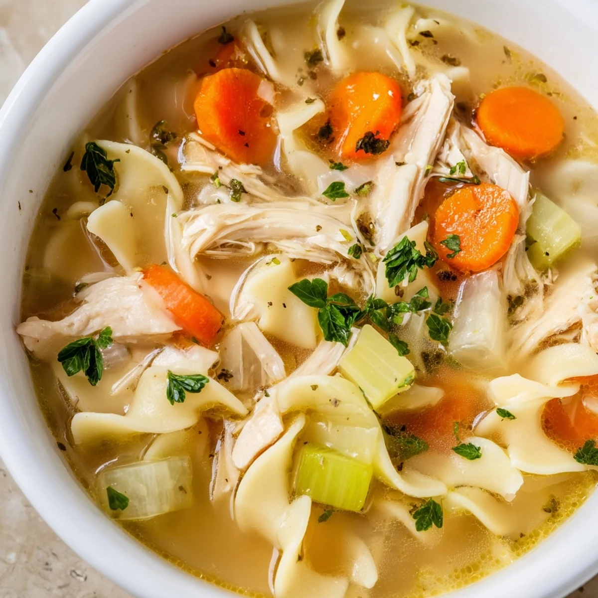 A comforting bowl of Chicken Noodle Soup with Egg Noodles, featuring tender shredded chicken, sliced carrots, and celery in a golden, savory broth.