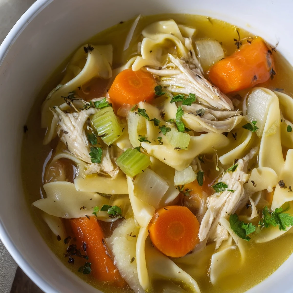 Hearty Chicken Noodle Soup with Egg Noodles ladled into a rustic ceramic bowl, paired with crusty bread for a perfect comforting American dinner.