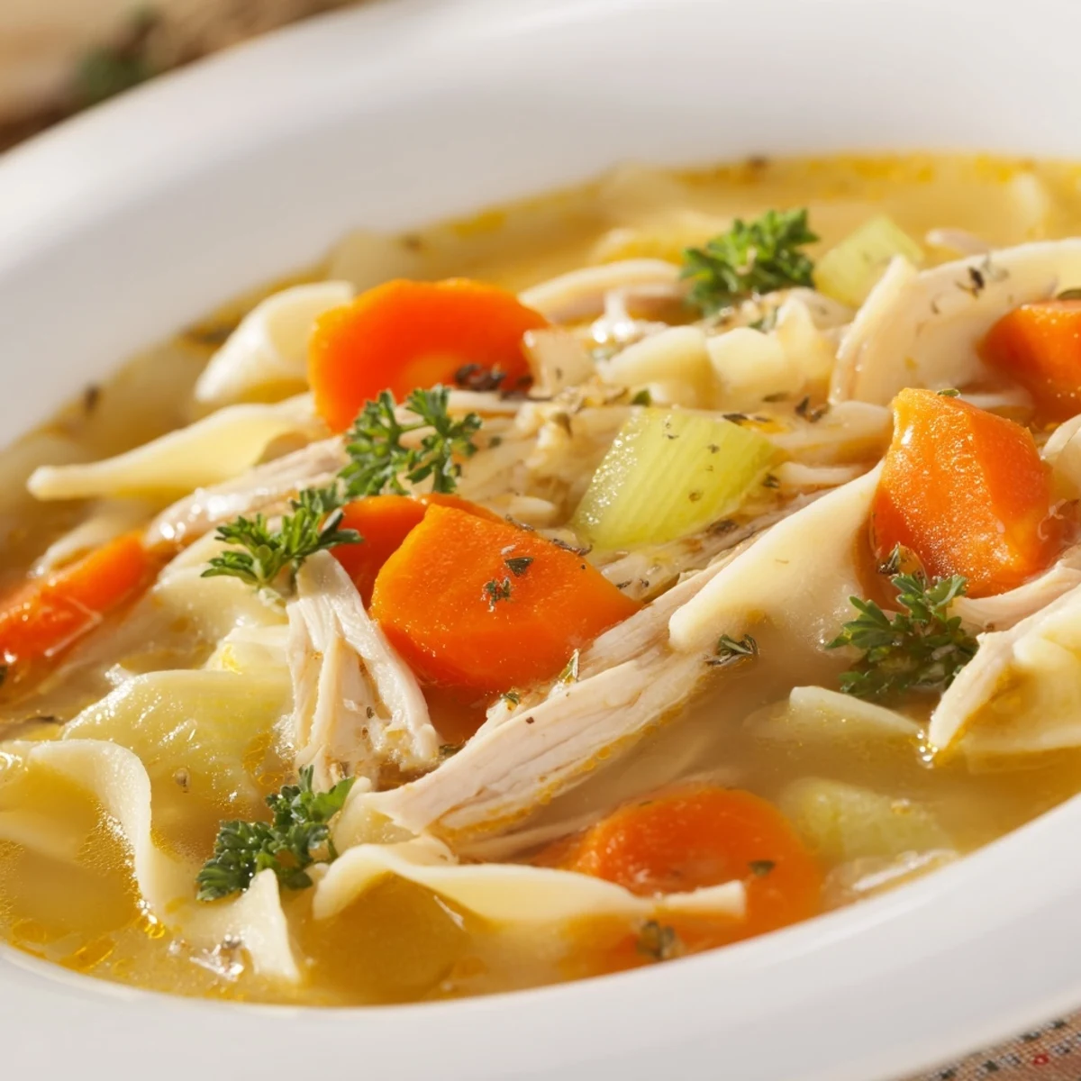 Steam rises from a warm pot of Chicken Noodle Soup with Egg Noodles, highlighting plump noodles and fresh green parsley garnish for a cozy meal.