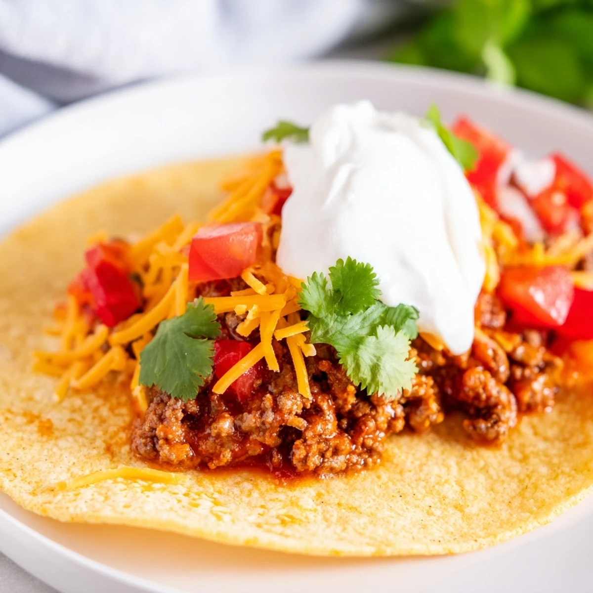 Freshly made Beef Tacos with Homemade Taco Seasoning loaded with diced tomatoes, sour cream, and cilantro, ready to serve for taco night.