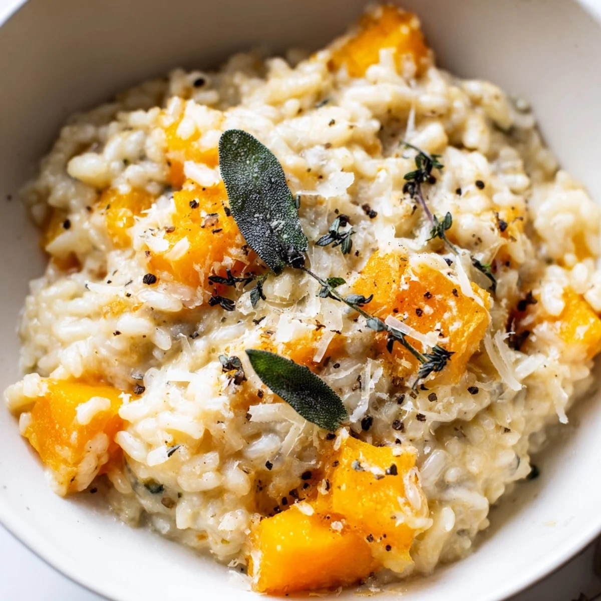 Creamy Winter Squash Risotto with sage and Parmesan served warm in a rustic ceramic bowl.
