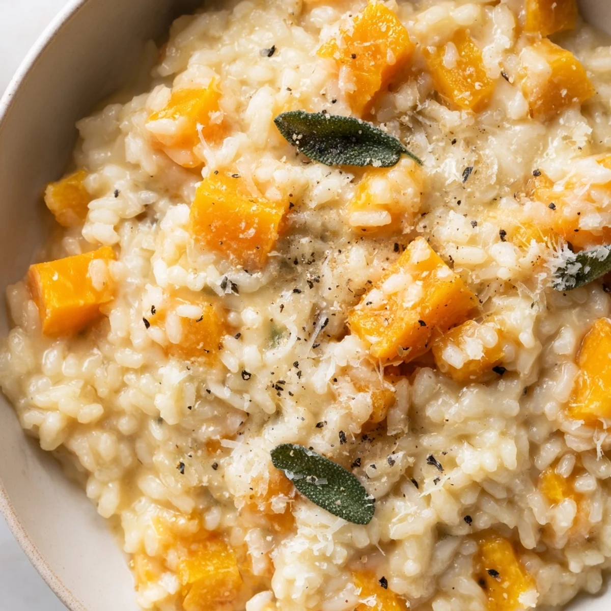 A spoon scoops cheesy Winter Squash Risotto with sage and Parmesan alongside crusty bread.