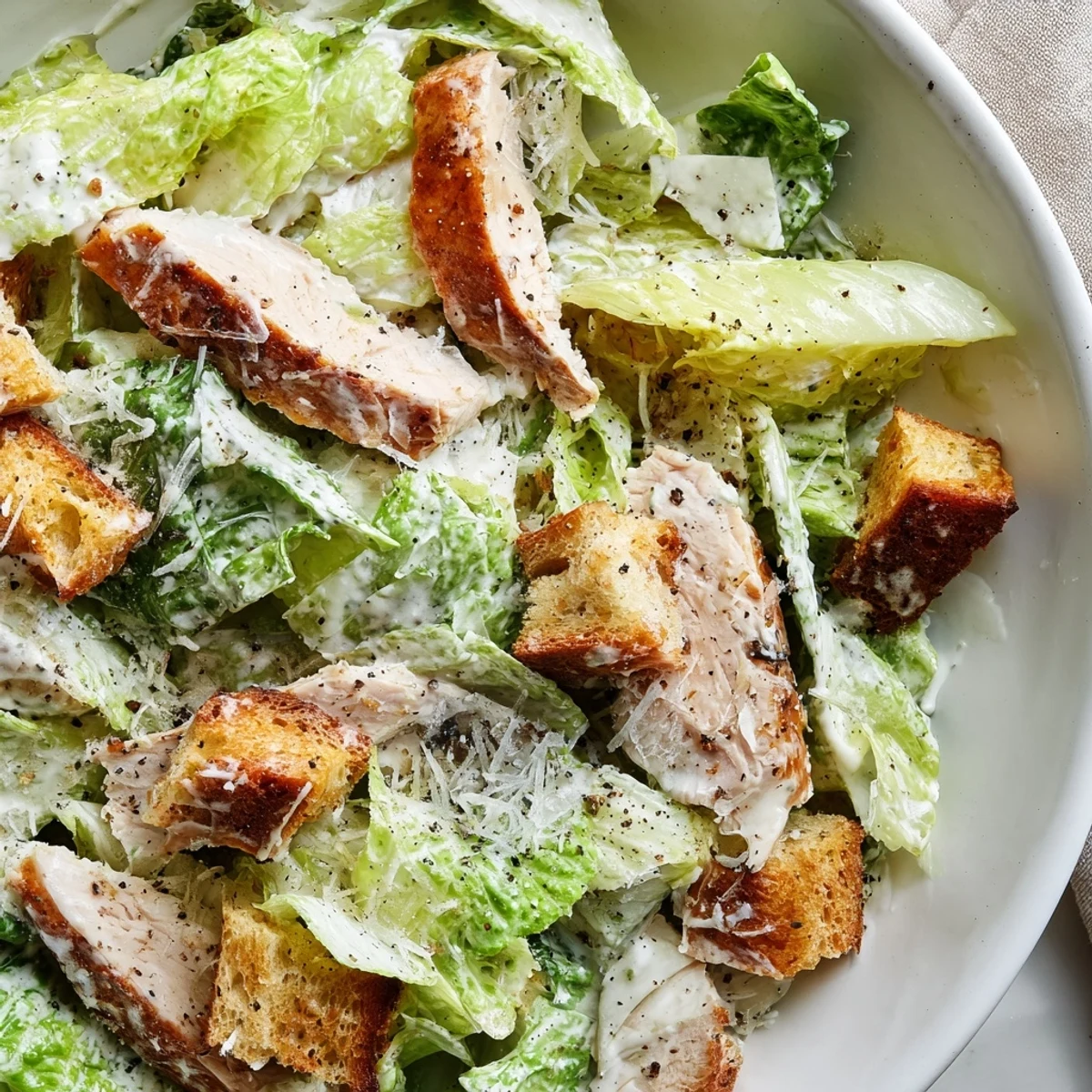 Close-up of Chicken Caesar Salad with Homemade Garlic Croutons topped with shaved Parmesan and creamy dressing.