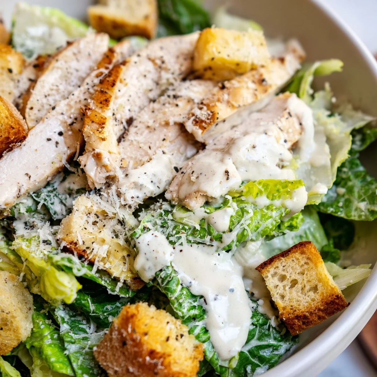 Grilled chicken slices and golden garlic croutons piled high on crisp romaine lettuce for Chicken Caesar Salad.