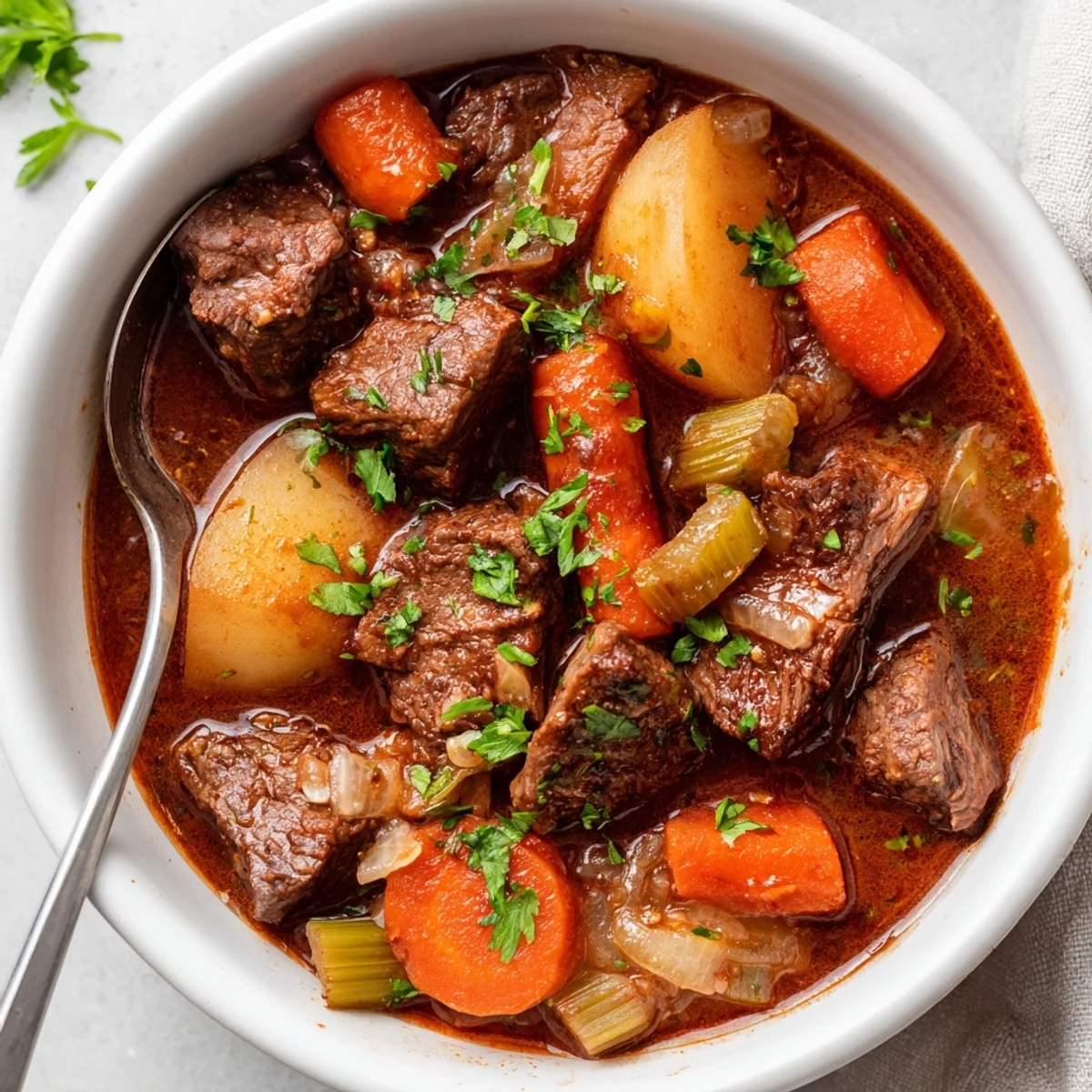 Hearty slow cooker beef stew with carrots and potatoes, perfect for a comforting family dinner with crusty bread.