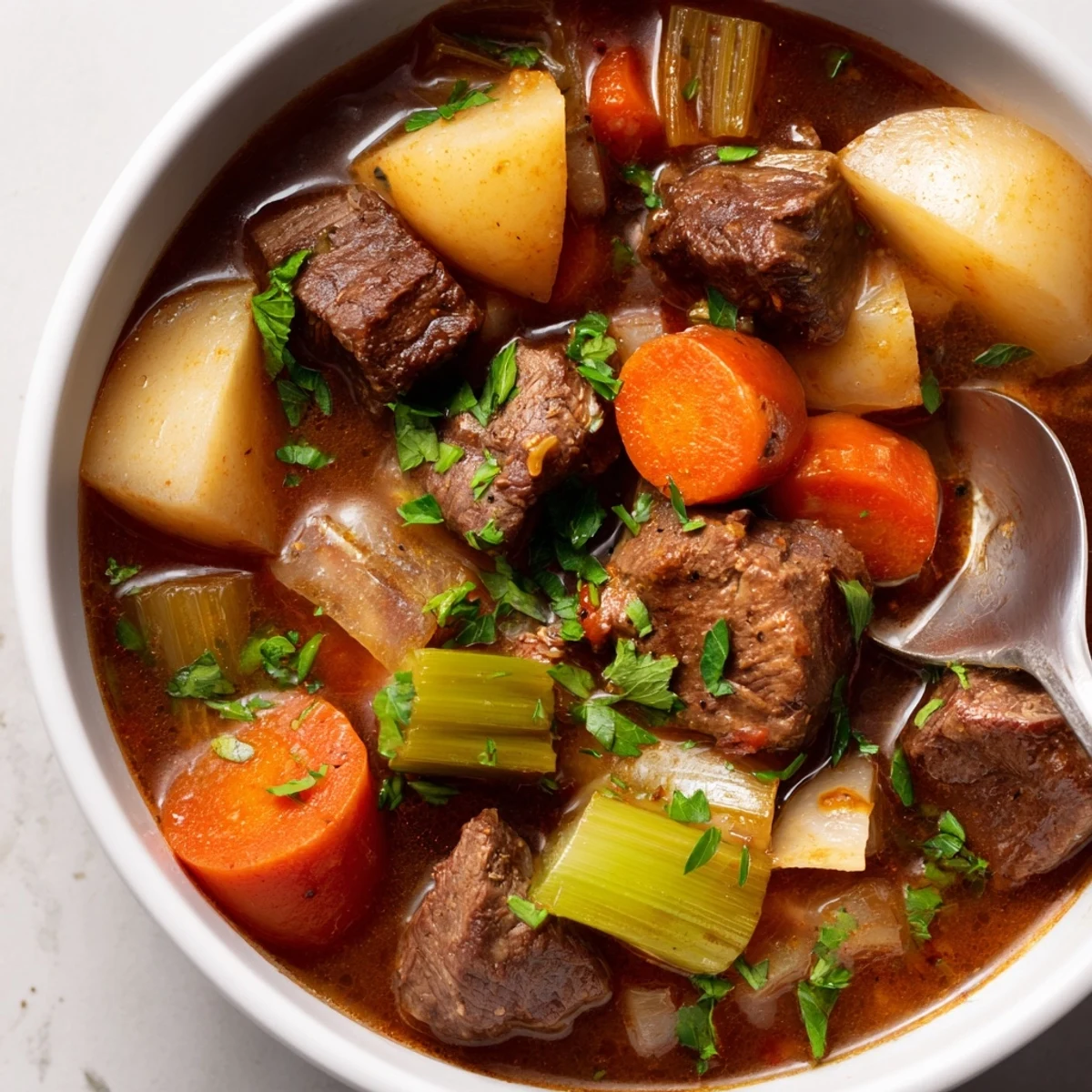 Thick, rich slow cooker beef stew featuring tender beef chunks, carrots, and potatoes in a savory broth.