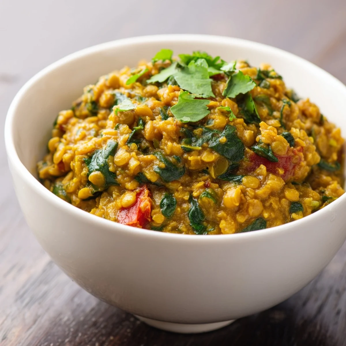 Close-up of Savory Lentil and Spinach Dahl with fresh cilantro and lemon wedges, served in a rustic bowl. The vibrant red lentil stew features tender spinach leaves and warm, aromatic spices. Perfect for a comforting vegetarian main dish. A hearty Indian-inspired meal, ideal for a cold evening.