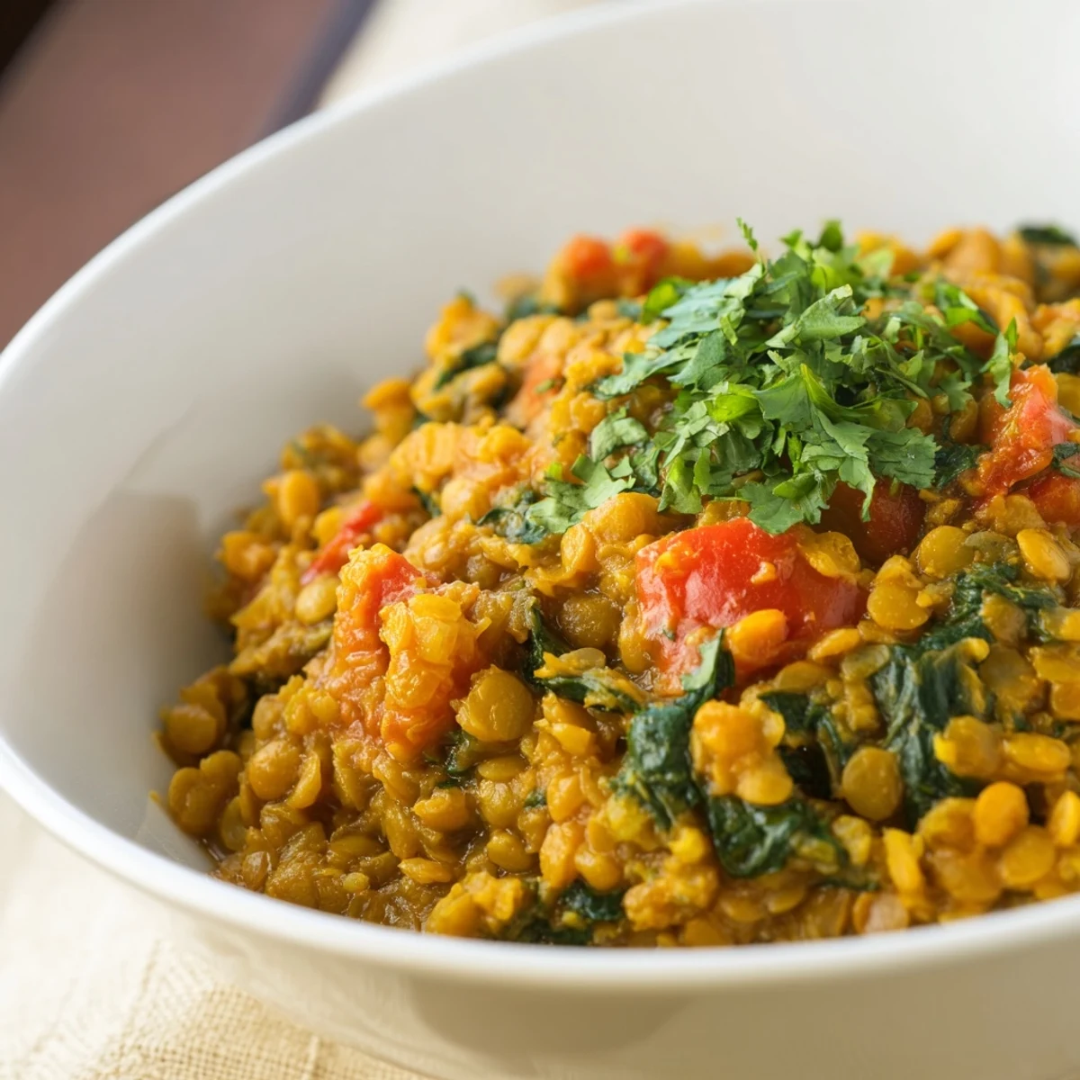 A hearty bowl of Savory Lentil and Spinach Dahl, steaming warmly, nestled beside fluffy basmati rice. Golden spices infuse the thick lentil stew, while bright green spinach adds a pop of color. An easy vegan dinner recipe ready in under an hour. Perfect for meal prep, gluten-free, and deliciously satisfying.