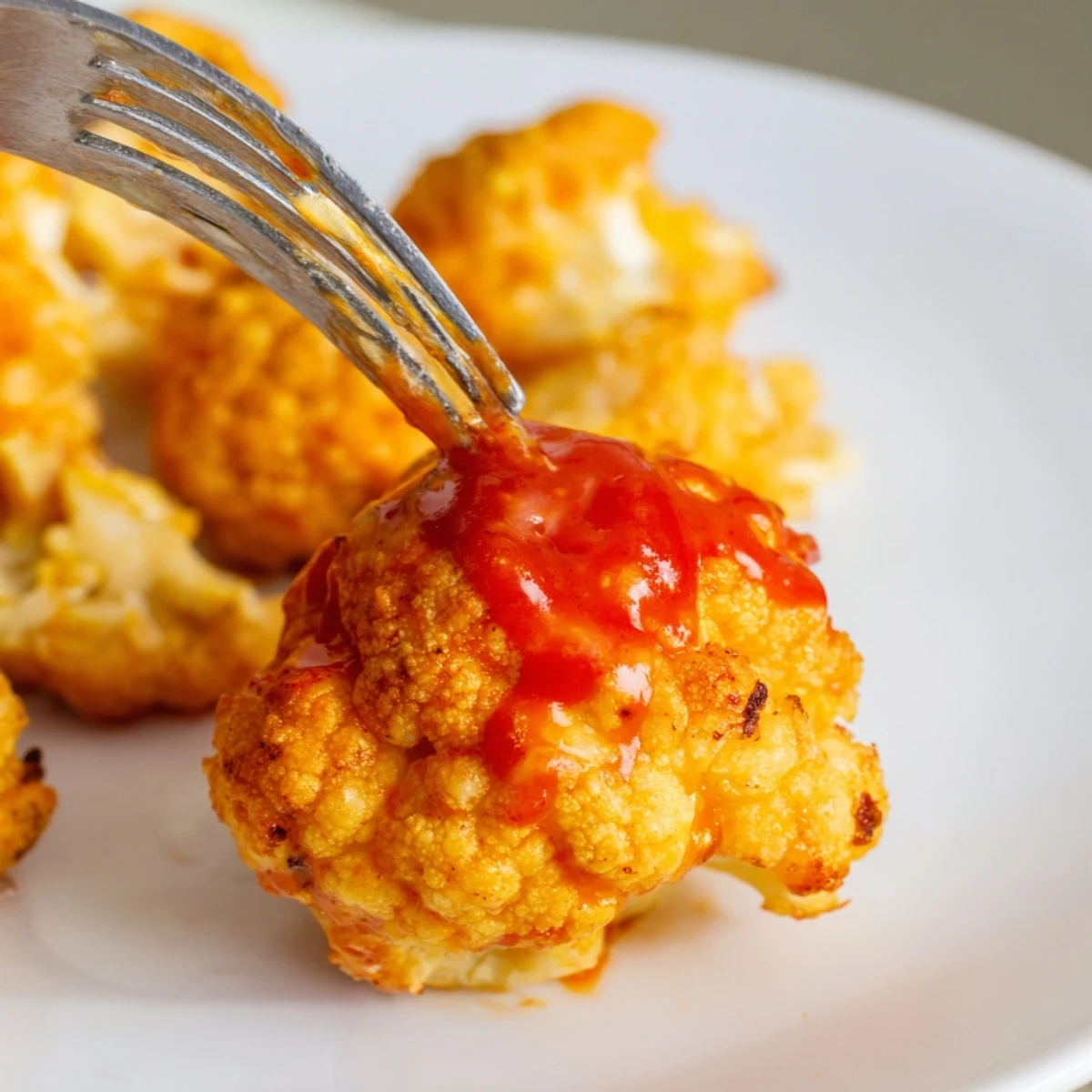 Golden roasted Spicy Buffalo Cauliflower Wings piled high on a plate ready to eat.