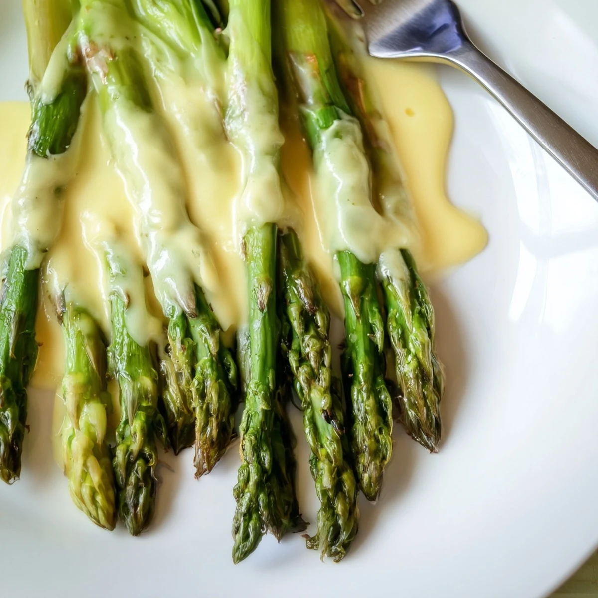 Tender spears of Roasted Asparagus with Hollandaise Sauce topped with fresh chives on a rustic serving dish.