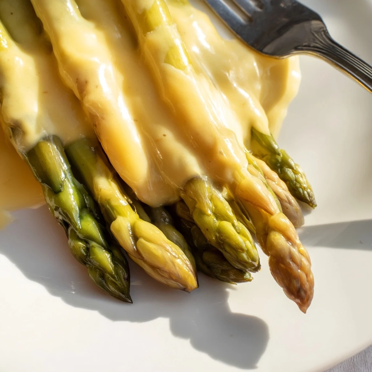 Fresh roasted asparagus with Hollandaise sauce drizzled over the top, ready to be served alongside grilled salmon.
