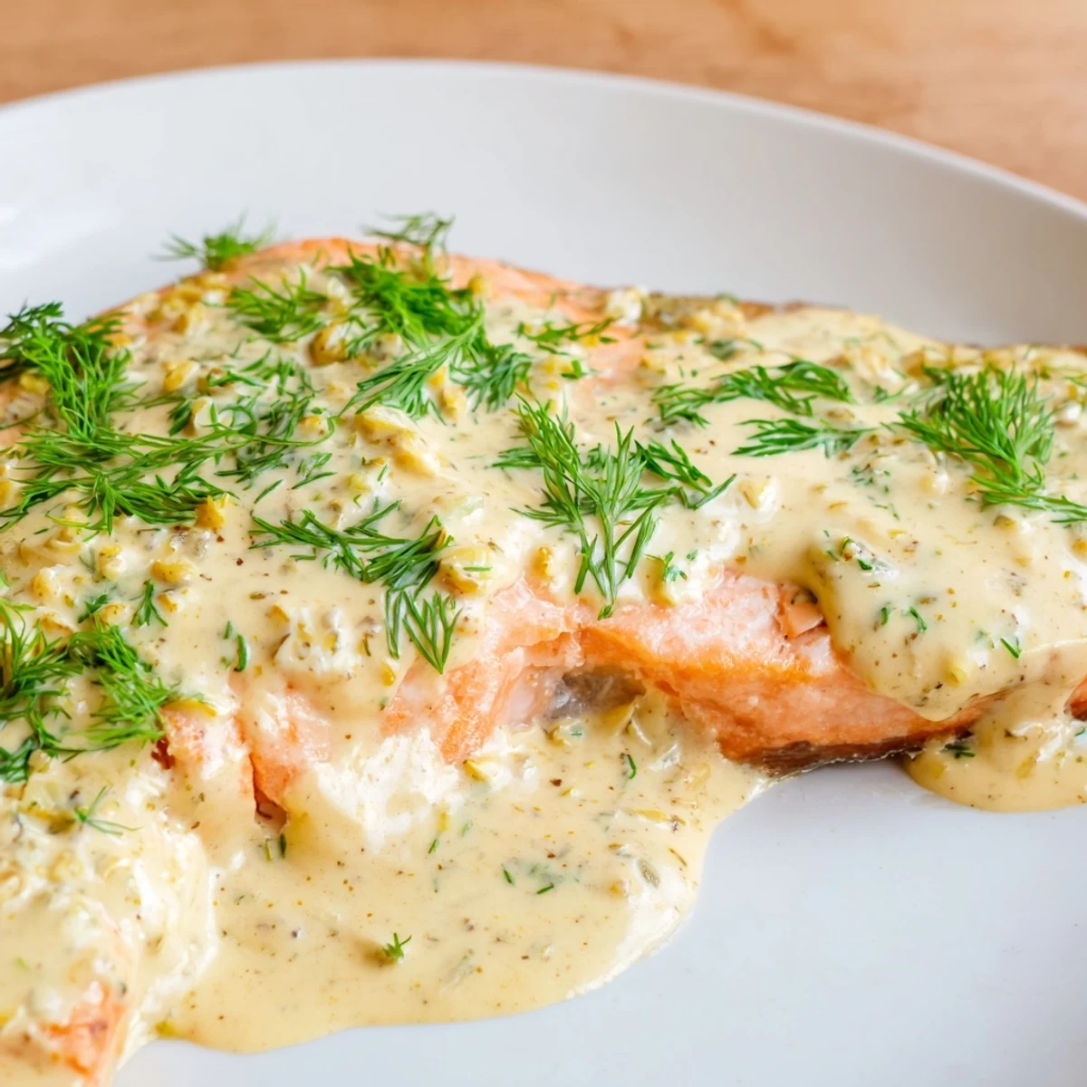 Oven-baked Baked Salmon with Dill and Mustard Sauce garnished with fresh herbs, ready to be served as a healthy dinner.