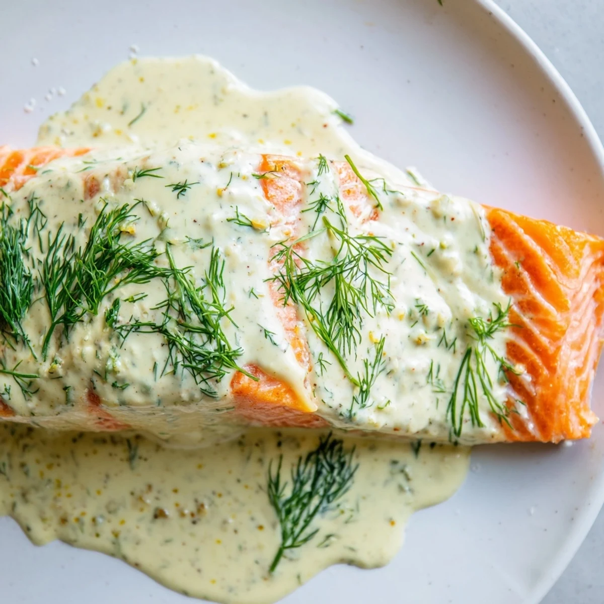 Freshly baked salmon fillet topped with creamy dill and mustard sauce, served with lemon wedges on a white plate.