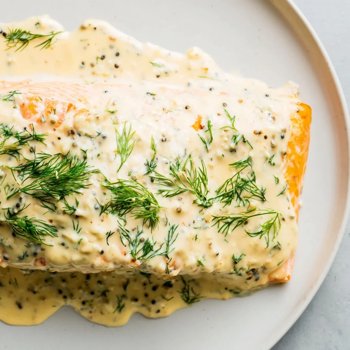 Golden Baked Salmon with Dill and Mustard Sauce drizzled with sauce, paired with roasted potatoes and steamed green beans.