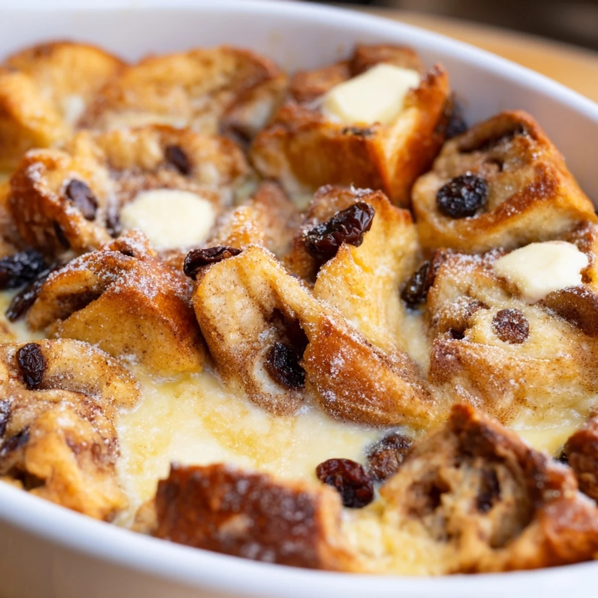 Freshly baked Cinnamon Roll Bread and Butter Pudding with a golden brown top, dusted with powdered sugar and served warm in a baking dish.